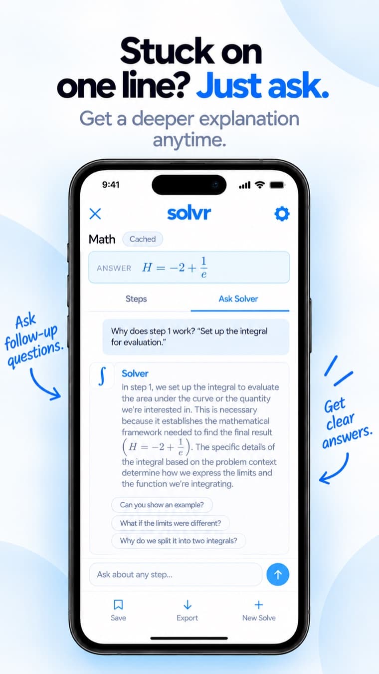 Solvr Ask Solver tab explaining why step 1 works with suggested follow-up questions