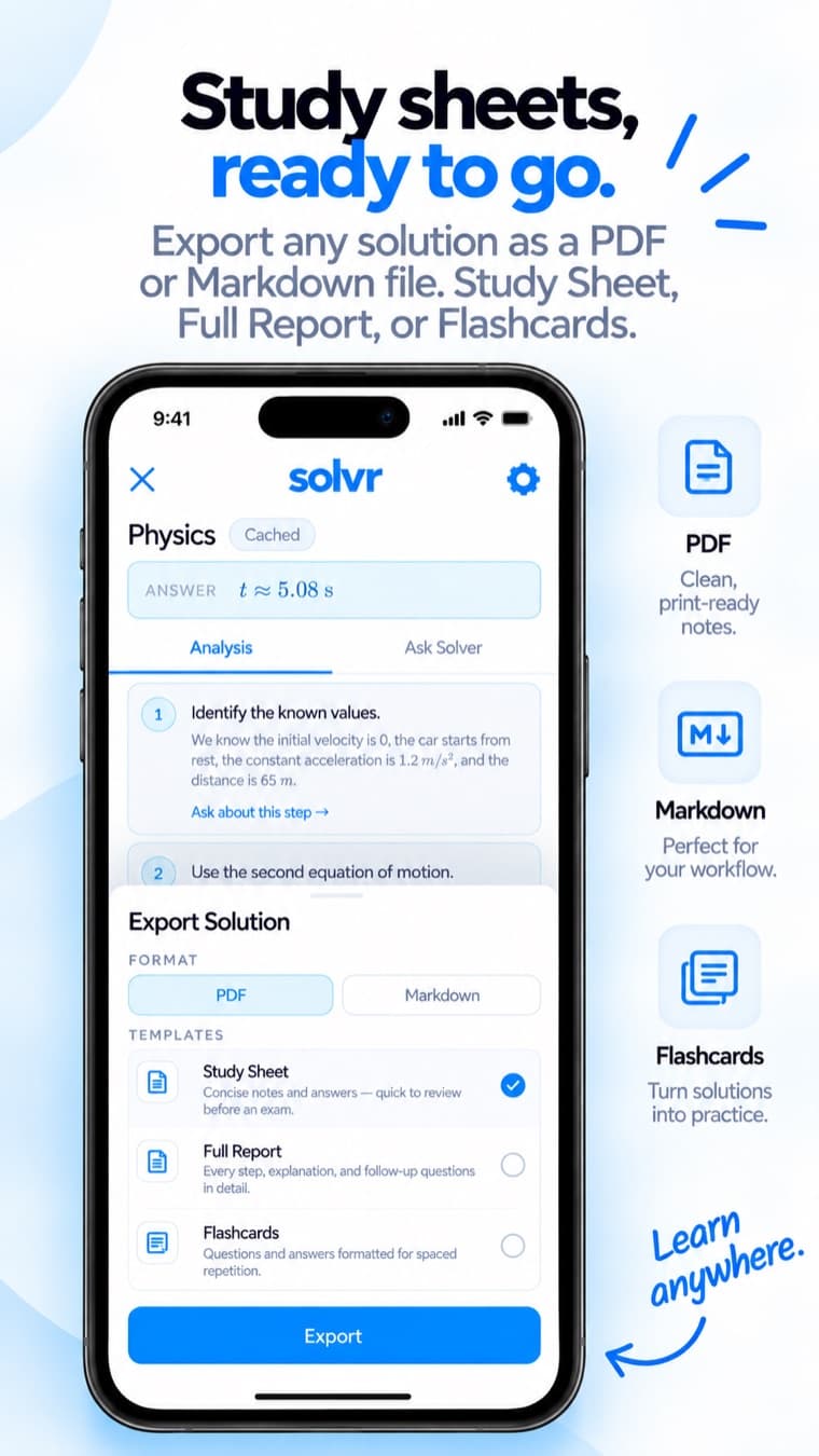 Solvr export sheet offering Study Sheet, Full Report and Flashcards templates